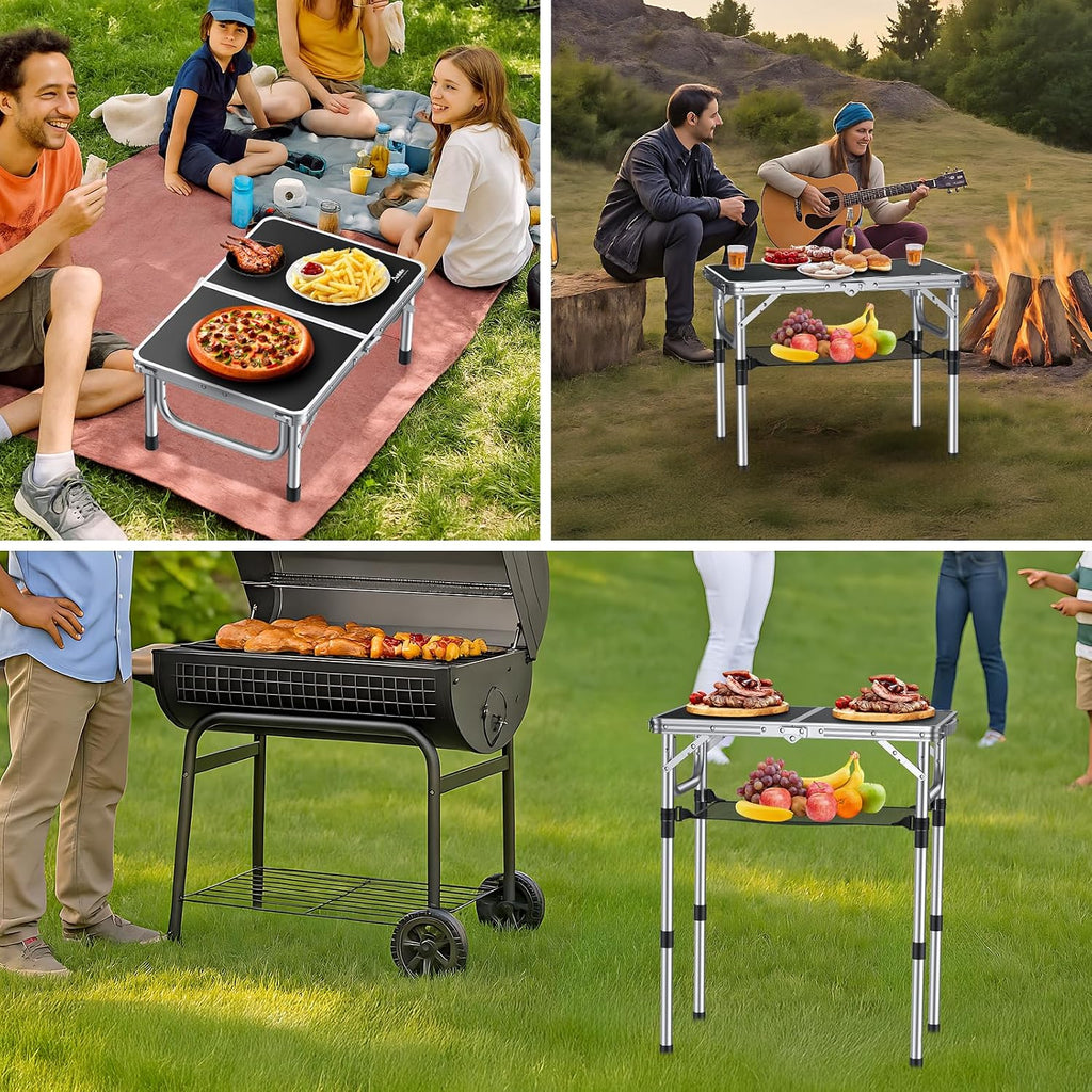 Anbte Folding Camping Table, 24"X 16" Adjustable Height Small Folding Table | Aluminum, with Carrying Handle, Lightweight, Portable Camping Table for Outdoor Indoor Picnic Beach BBQ Grill Patio (Black)