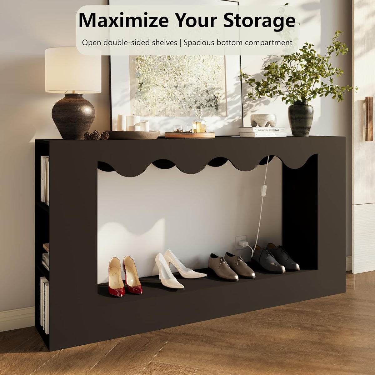 63-Inch Smart Console Table with App & Button Controlled RGB Lights, Wavy Edge Wood Farmhouse Entryway Table, Rectangular Accent Sofa Table Behind Couch for Hallway Foyer Entrance, Black