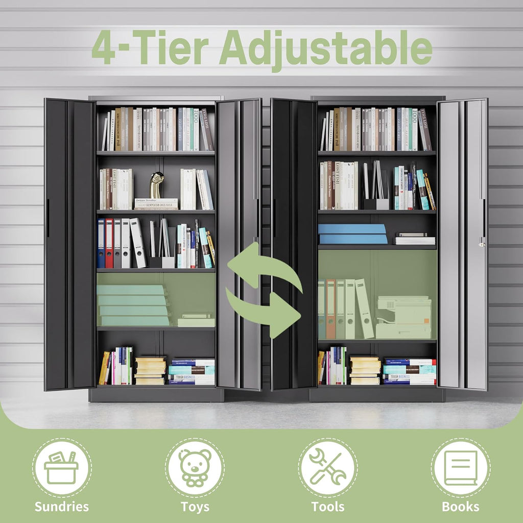 Metal Storage Cabinet, 71" H Garage Storage Cabinet with Doors and Adjustable Shelves, Heavy Duty Locking Tool Cabinet Utility Cabinets for Home Office, Garage, Warehouse, School (Black)