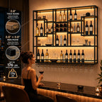 71in LED Wall Mounted Wine Rack with Stemware Holder and Wood Shelves | Combines warm LED lighting, 176 lb capacity and spacious bottle storage to create a practical, organized home bar display