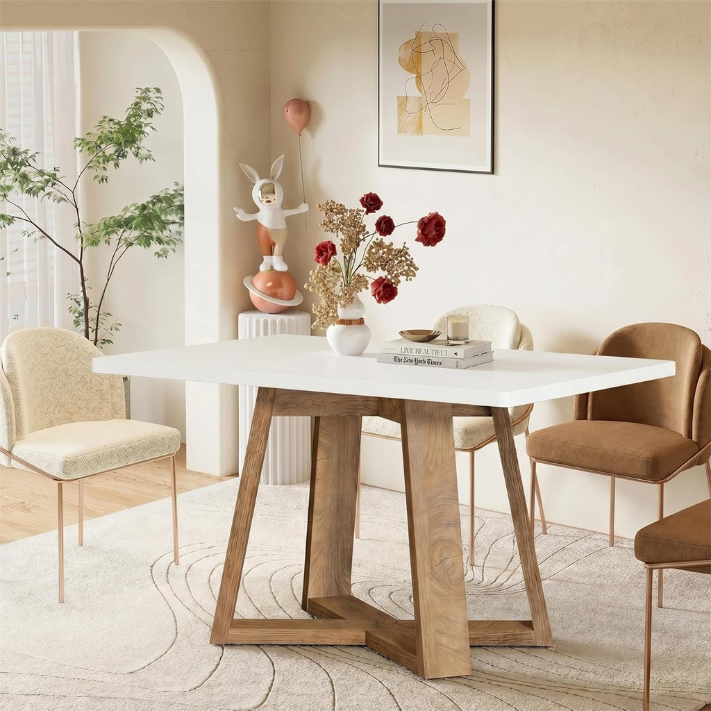 Tribesigns Dining Table for 4, 47.3 Inch Rectangular Farmhouse Kitchen Table with Gloss White Tabletop & Natural Wood Legs, Perfect for Kitchen, Dining Room, Living Room, or Apartment