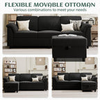 Vongrasig Convertible Sectional Couches, 3 Seat L Shaped Couch Sofa with Removable Pillows Soft Corduroy Fabric Small Couch Mid Century for Living Room, Apartment and Office (Black)