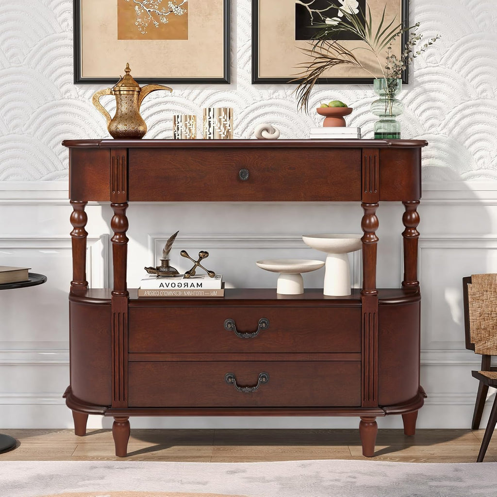 Solid Wood Retro Curved Console Table, 43" Half Moon Console Table Sofa Table Entryway Table with 3 Drawers Open Shelf Pine Roman Legs Curved Corners for Living Room,Entryway,Hallway,Cherry