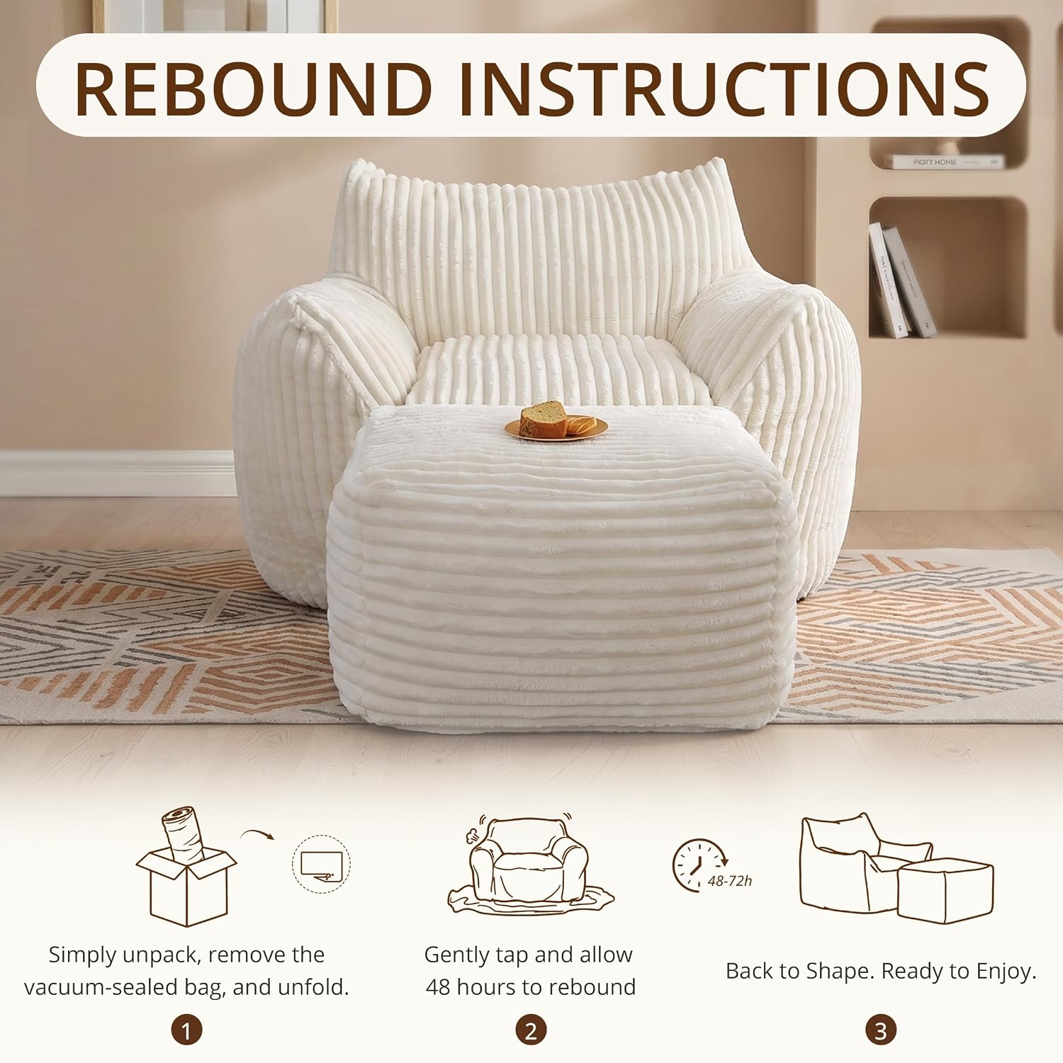 Giant Bean Bag Chair for Adults, Large Bean Bag with Ottoman | Cloud Comfy Bean Bag with Backrest & Armrests, Stuffed Beanbag Chair for Reading, Gaming, Napping, Beige