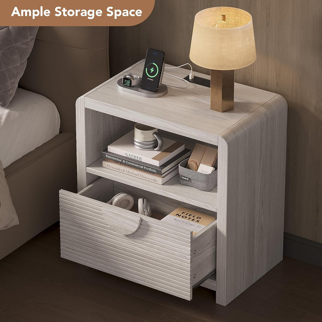 Fluted Nightstands Set of 2 with Charging Station, 23" Wide Wood Bedside Tables with Drawer and Open Compartment, Mid Century End Tables for Bedroom, Home Office, Gray Oak