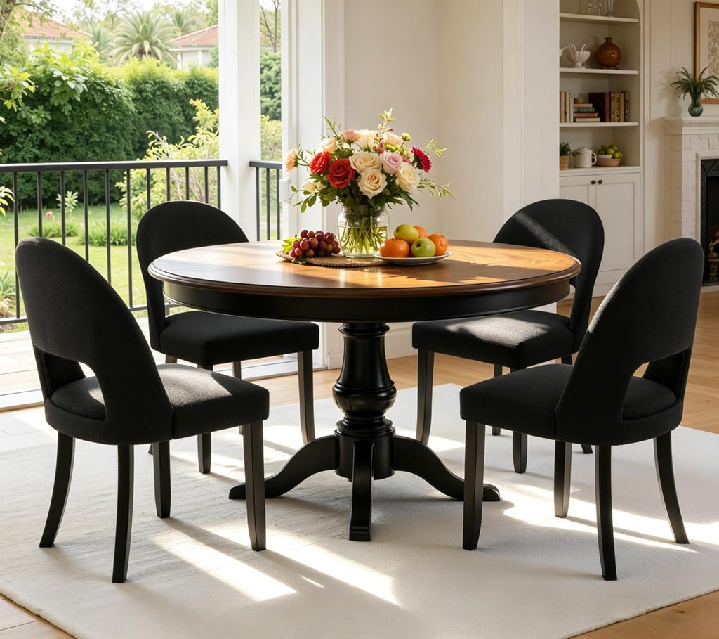 Wooden Dining Chairs Set of 4, Upholstered Kitchen Chairs with Linen Fabric Back & Solid Wood Legs, Modern Farmhouse Dining Room Chairs, Black