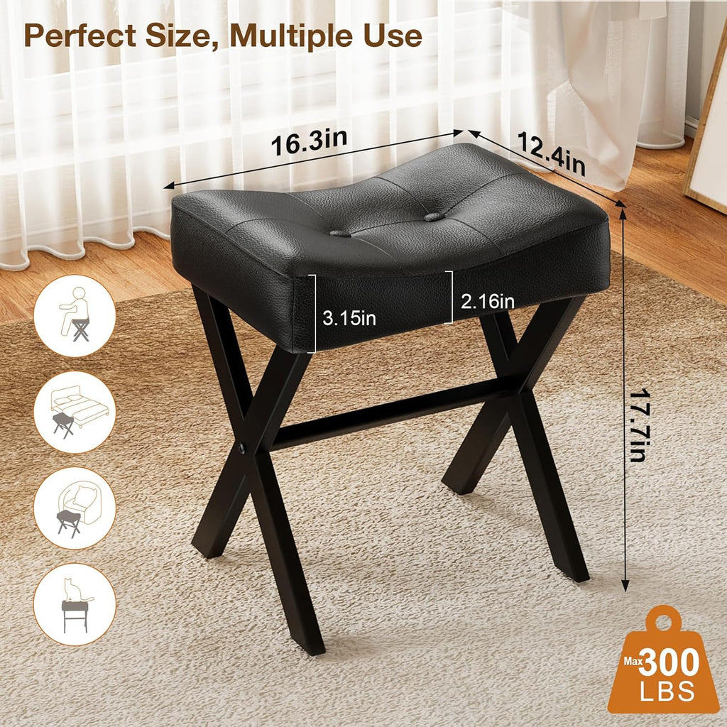Memobarco 18-Inch Leather Vanity Stool Chair, Vanity Bench with Metal X-Leg, Ottoman Accent Stool with Thick Padded Saddle Seat, Black