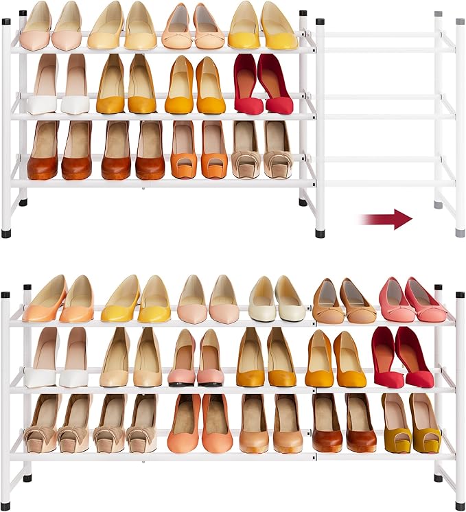 Tajsoon Expandable Shoe Rack for Closet 3 Tier, 28“-41“Adjustable & Stackable Shoe Shelf Storage, Metal Shoe Rack Organizer for Front Door Entrance, Closet, Garage, Entryway, White