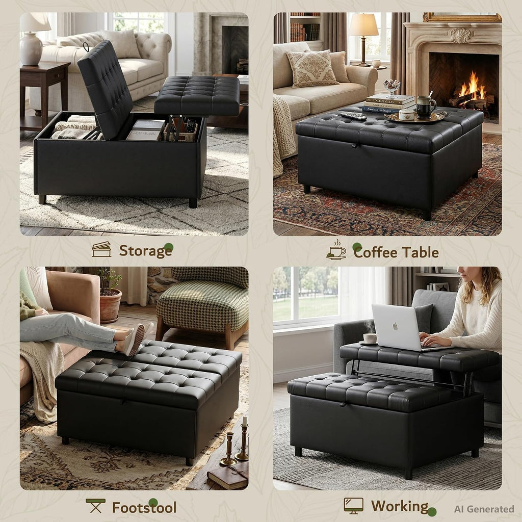 Black Leather 36 Inch Extra Large Lift Top Living Room Storage Ottoman | LINLUX Tufted Upholstered Shoe Storage Entry Bench, Bed Benches For Foot Rest, Lift Footrest For Dorm Bedroom Office