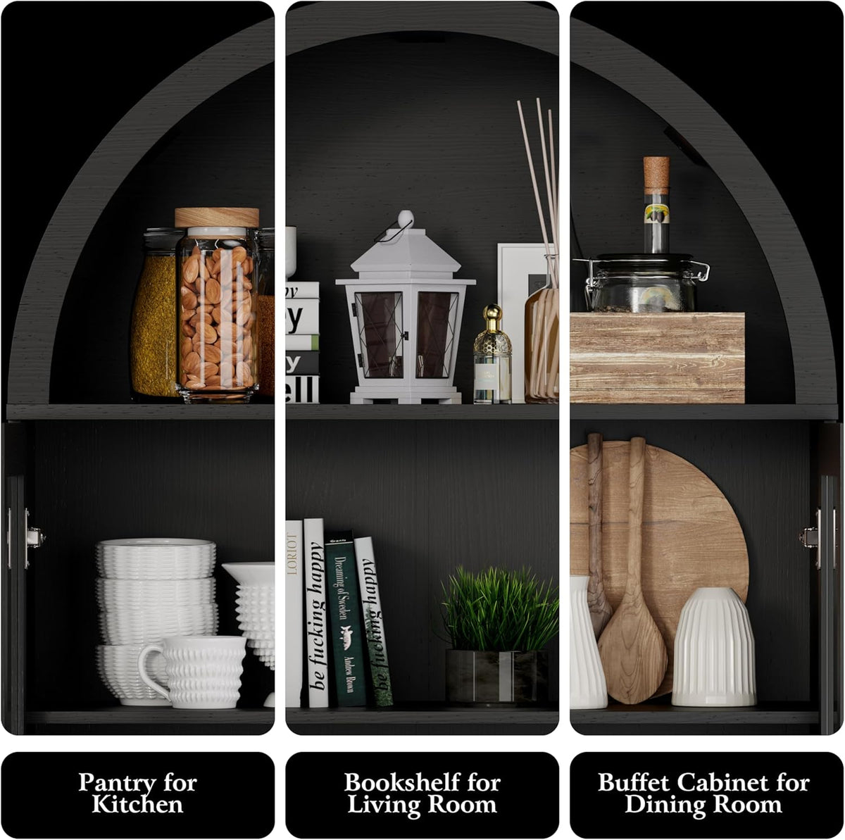 DHH 71" Tall Arched Kitchen Pantry, Modern Farmhouse Wood Kitchens Storage Cabinets with Sliding Doors＆ Adjustable Shelves, Versatile Cupboard for Kitchen, Living Dining Room, Bathroom (Black)
