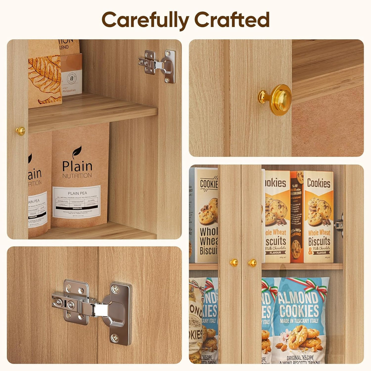 70.8" Tall Farmhouse Modular Kitchen Pantry Cabinet with Glass Doors, Wooden Storage Hutch with 6-Tier Adjustable Shelves, Set of 3, Brown