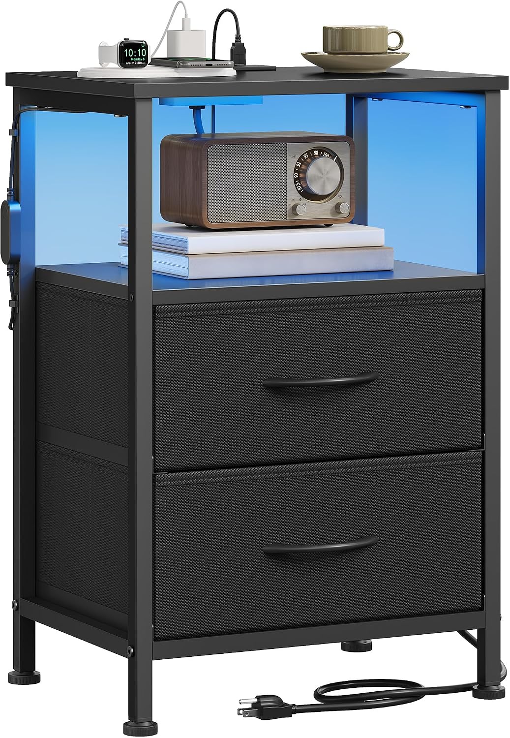 SONGMICS BELLAH Collection - Nightstand with Charging Station and App-Controlled Adjustable LED Lights, Bed Side Table, 2 Drawers and 1 Open Shelf, Modern, Ink Black and Ebony Black ULGS302BH01S