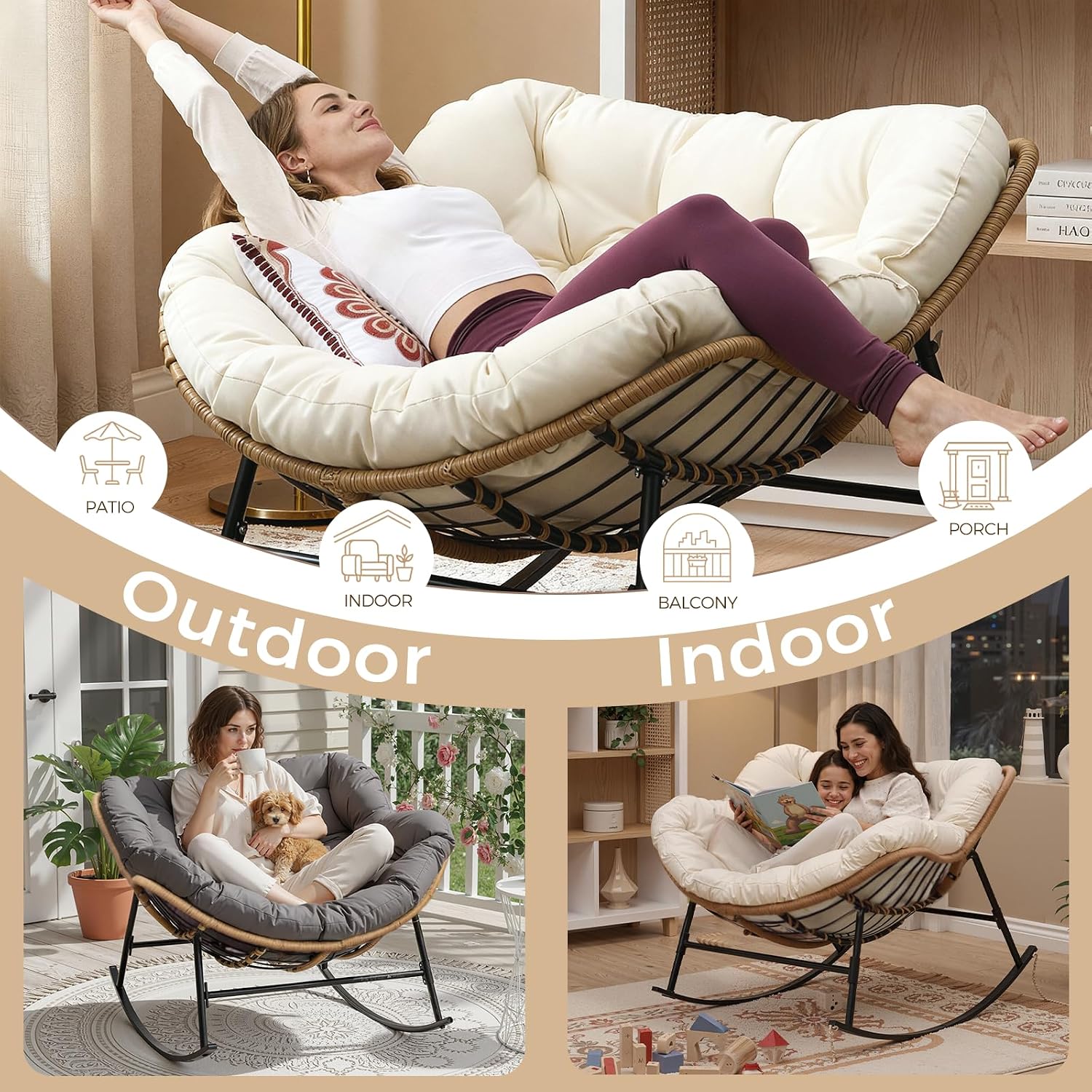 FINCATI Indoor Outdoor Papasan Rocking Chair, Large Rocking Lounge Chair