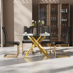 5-Piece Dining Table Set for 4, Modern Rectangular Glass Table with 4 Upholstered Leather Chairs, Space-Saving Dining Room Furniture Table & Chair Sets for Small Spaces & Apartment(Black&Gold)