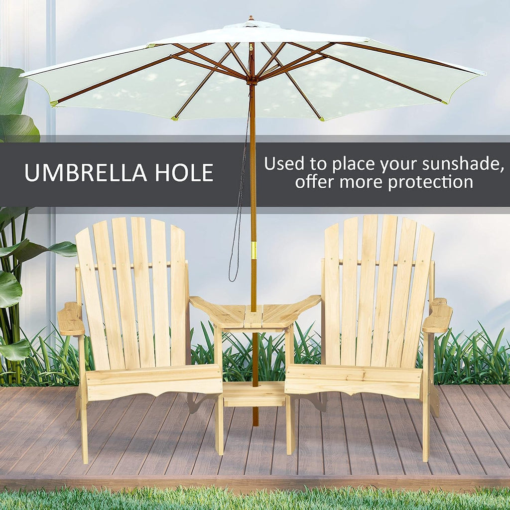 Adirondack Chair Set, 2 Wooden Outdoor Chairs with Center Table and Umbrella Hole, 2 Person Adirondack Bench Fire Pit Seating for Patio Backyard Garden, Natural