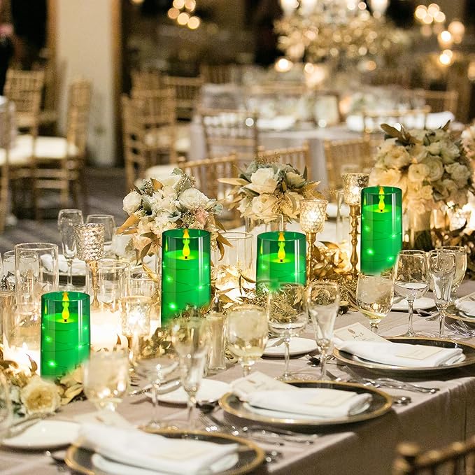 NURADA Flickering Flameless Candles: Built-in Star String Acrylic Battery Operated LED Pillar Candles with Remote and Timer for Home Party Weddings Christmas Halloween Decor -Green 3 Pack