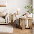 LITTLE TREE 2-Tier Side Table, Farmhouse End Table with Storage Shelves, Small Nightstand Wooden Beside Table Bed Side Table for Small Spaces, Living Room, Bedroom, Light Brown