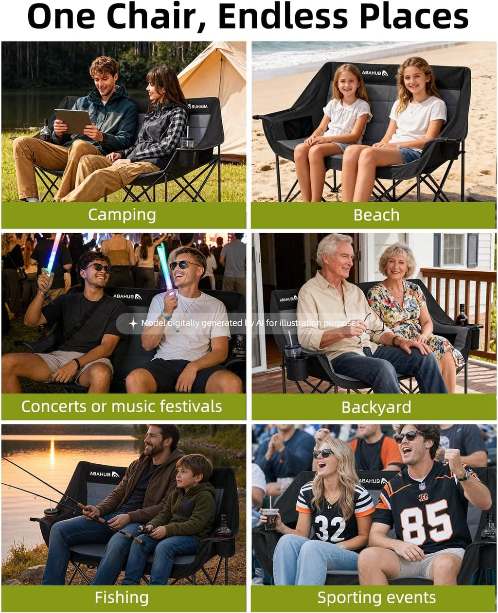 Abahub 2-Person Folding Camping Chair Loveseat Couch Chairs, 650 LBS Portable Quad Fold for Outdoor Camping, Lawn, Backyard, Patio, Tailgating, Sports, Soccer Games & Beach Days Black Grey