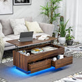 HOMMPA Modern Lift Top Coffee Table with Storage for Living Room, LED Coffee Table, Wooden Lift Table Top Dining Table with 2 Drawers Hidden Compartment & Metal Frame, Walnut