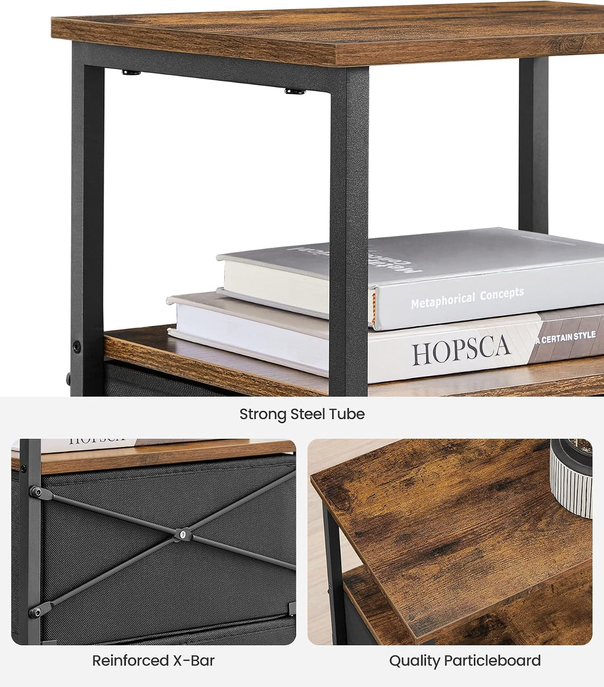 VASAGLE Nightstand, 24-Inch Tall Side Table with 2 Fabric Drawers and Storage Shelf, for Bedroom, Rustic Brown and Black ULGS025B01