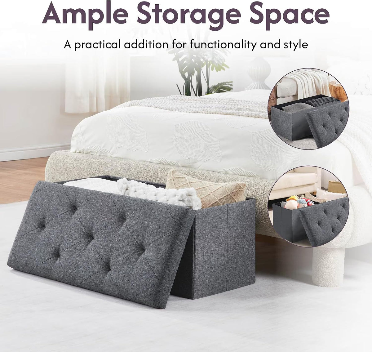 Folding Storage Ottoman Bench, Ottoman Foot Rest, End of Bed Bench, Storage Chest, for Living Room, Bedroom, Entryway, 35 Inches, Gray