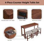 Merax 59 Inch Industrial Bar Table Set with Power Outlet & 3 Stools, Kitchen Dining Table with Charging Station, Counter Height Workstation for Small Space,Cherry