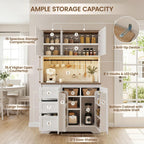 70.8'' LED Pantry Cabinet with Charging Station, Tall Kitchen Pantry Storage Cabinet with Countertop & Cup Hooks, Farmhouse Kitchen Hutch with Storage Drawers for Dining Room, White