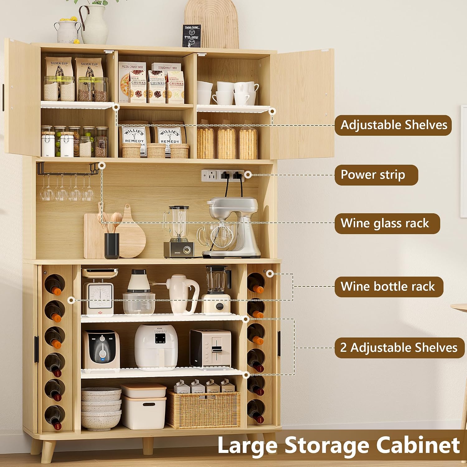 71'' Modern Kitchen Pantry Cabinet with Sliding Tambour Doors& Adjustable Shelves, Built-in Power Outlet, Food Storage Cabinet (Wood Color)