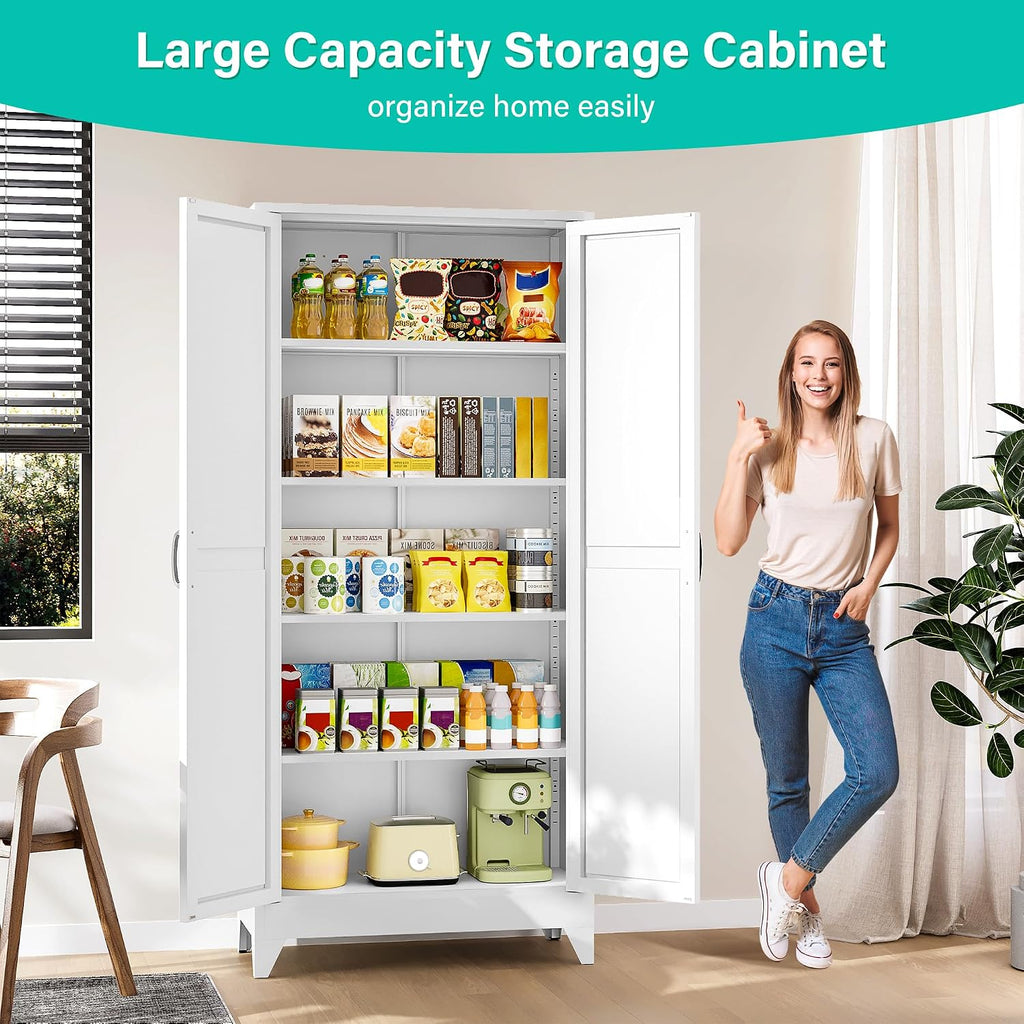 SISESOL 75" Tall Pantry Cabinet,Farmhouse Kitchen Pantry Storage Cabinets with 2 Doors and 5 Shelves,White Metal Storage Cabinet,Large Cupboard for Home,Kitchen,Dining/Living Room