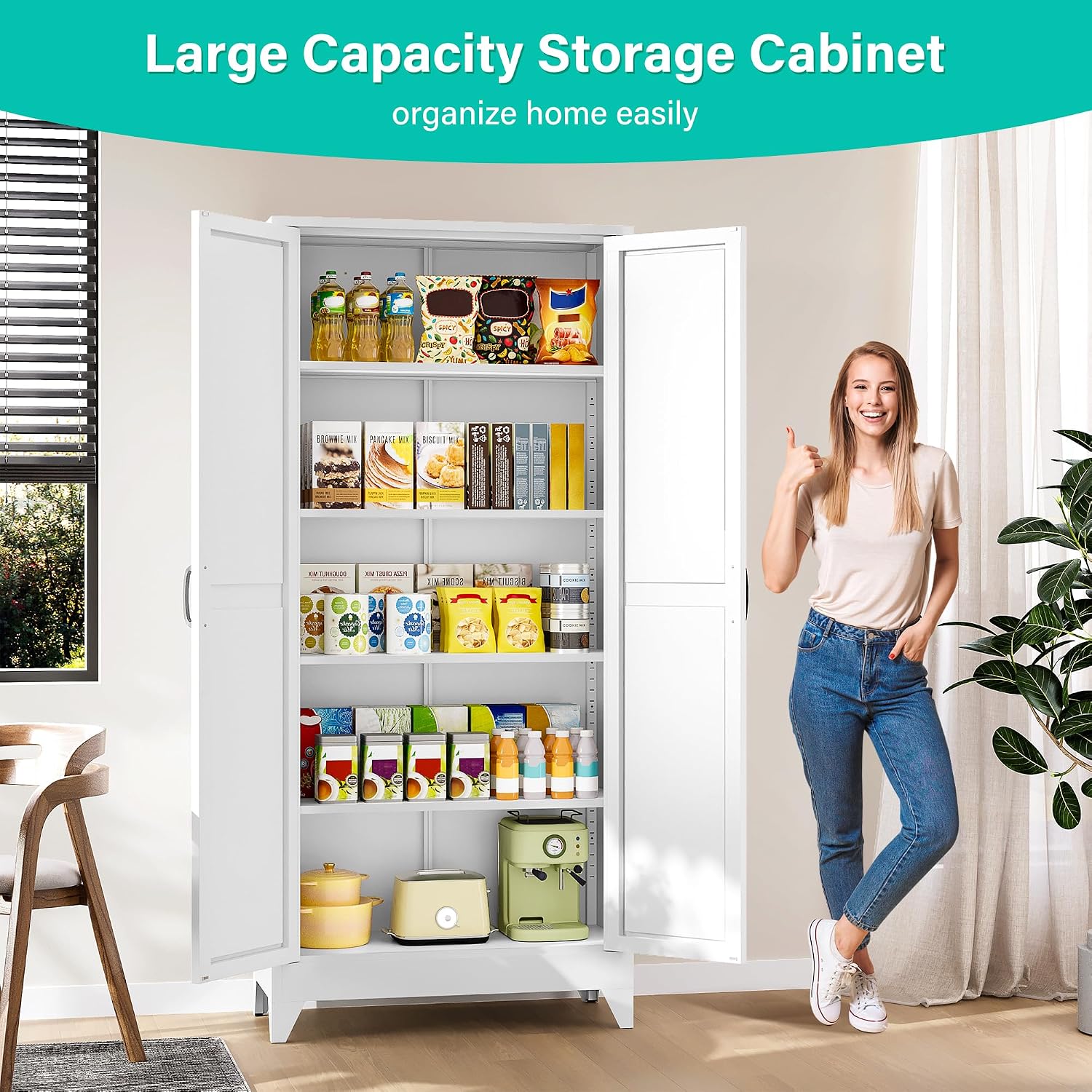 SISESOL 75" Tall Pantry Cabinet,Farmhouse Kitchen Pantry Storage Cabinets with 2 Doors and 5 Shelves,White Metal Storage Cabinet,Large Cupboard for Home,Kitchen,Dining/Living Room