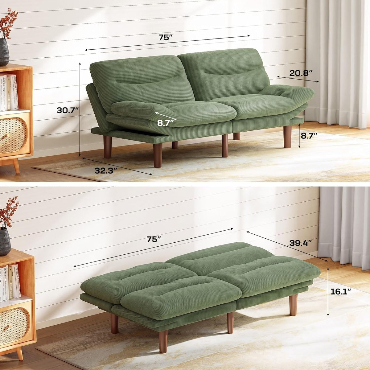 Marsail 75" Futon Sofa Bed, Futon Couch with Adjustable Backrest & Armrests, Convertible Sleeper Sofa Bed for Apartment, Living Room, Office, Corduroy Loveseat, Sage Green
