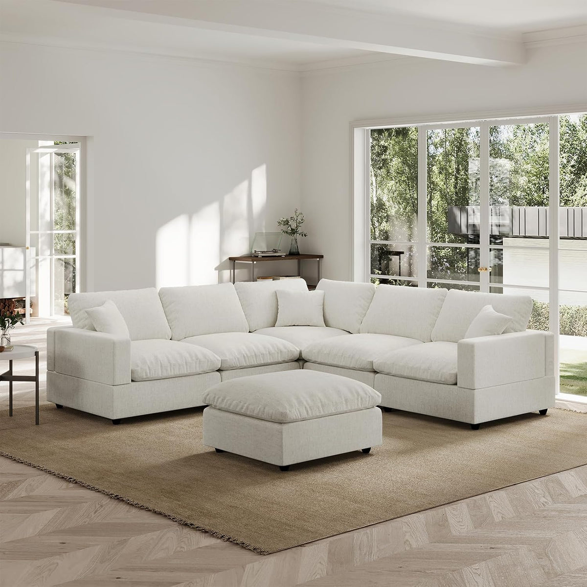 Modern Sectional Linen Couch for Living Room V-Shape Sofas,6 Seat Modular Cloud Sofas with Ottoman,Couches Cushion Covers Removable,Cozy Feather Down Sofa for Apartment Cream White