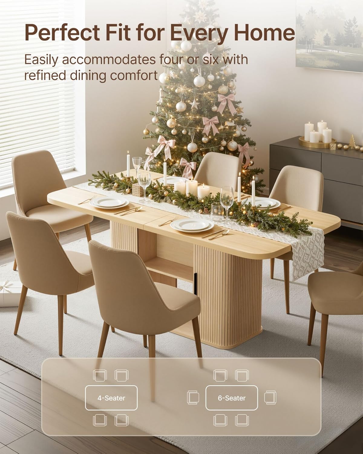 SUNCOZE Mid-Centur Dinner Tables for 4/6/8, 70.9" Rectangle Dining Room Table with Large Tabletop and Sliding Tambour Doors, Fluted Dining Table 2-Layer Storage for Kitchen and Living Room, Wood