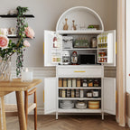 73”H Metal Arched Kitchen Pantry Cabinet with 1 Drawer, Farmhouse Pantry Cabinet with 4 Doors and 3 Adjustable Shelves for Kitchen, Dining Room, White