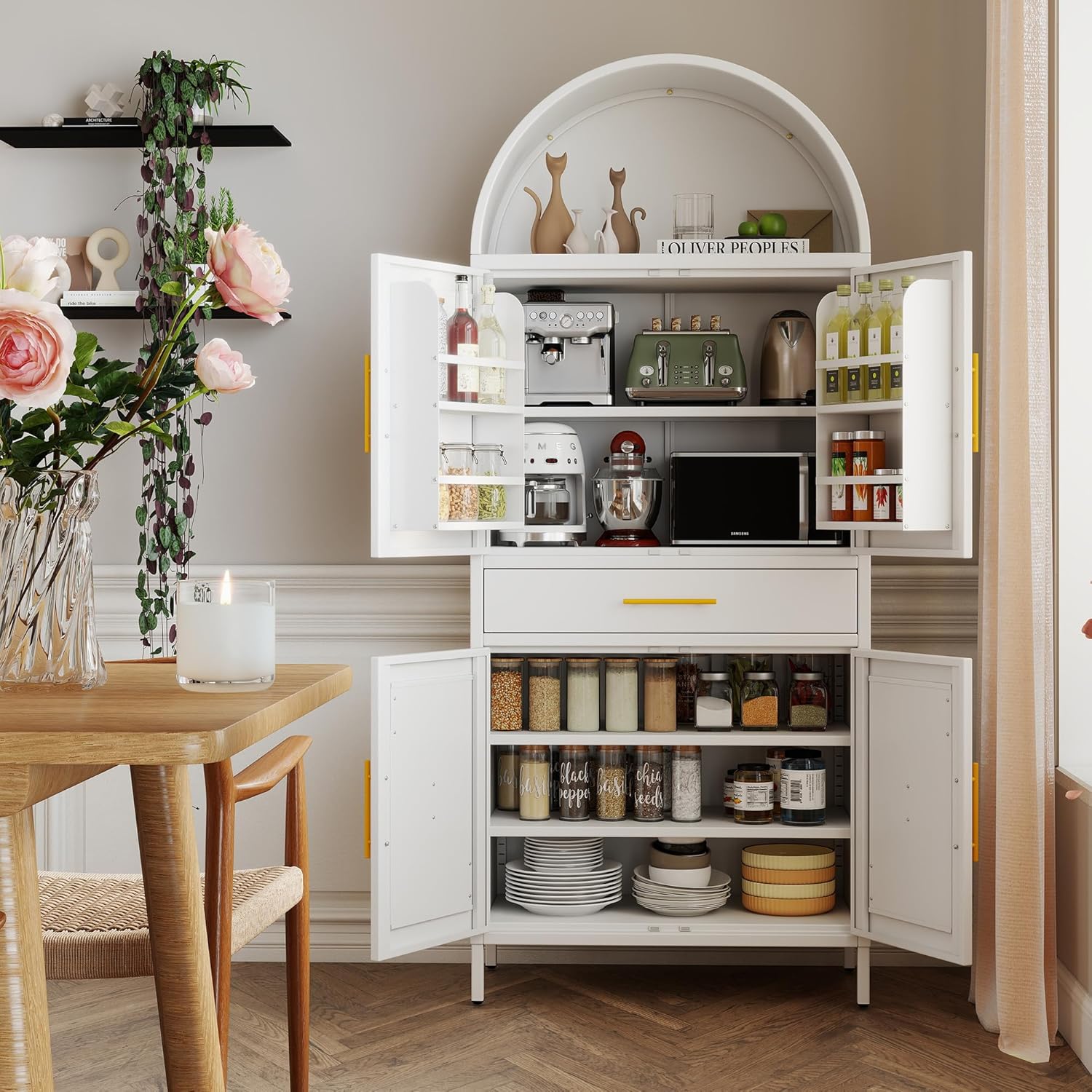 73”H Metal Arched Kitchen Pantry Cabinet with 1 Drawer, Farmhouse Pantry Cabinet with 4 Doors and 3 Adjustable Shelves for Kitchen, Dining Room, White