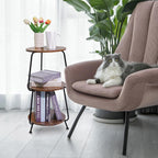 Small Round Side Table - 3 Tier End Table with Storage Shelf, Slim Industrial Coffee Table for Small Spaces, Living Room & Bedroom Narrow Gaps, Rustic Brown