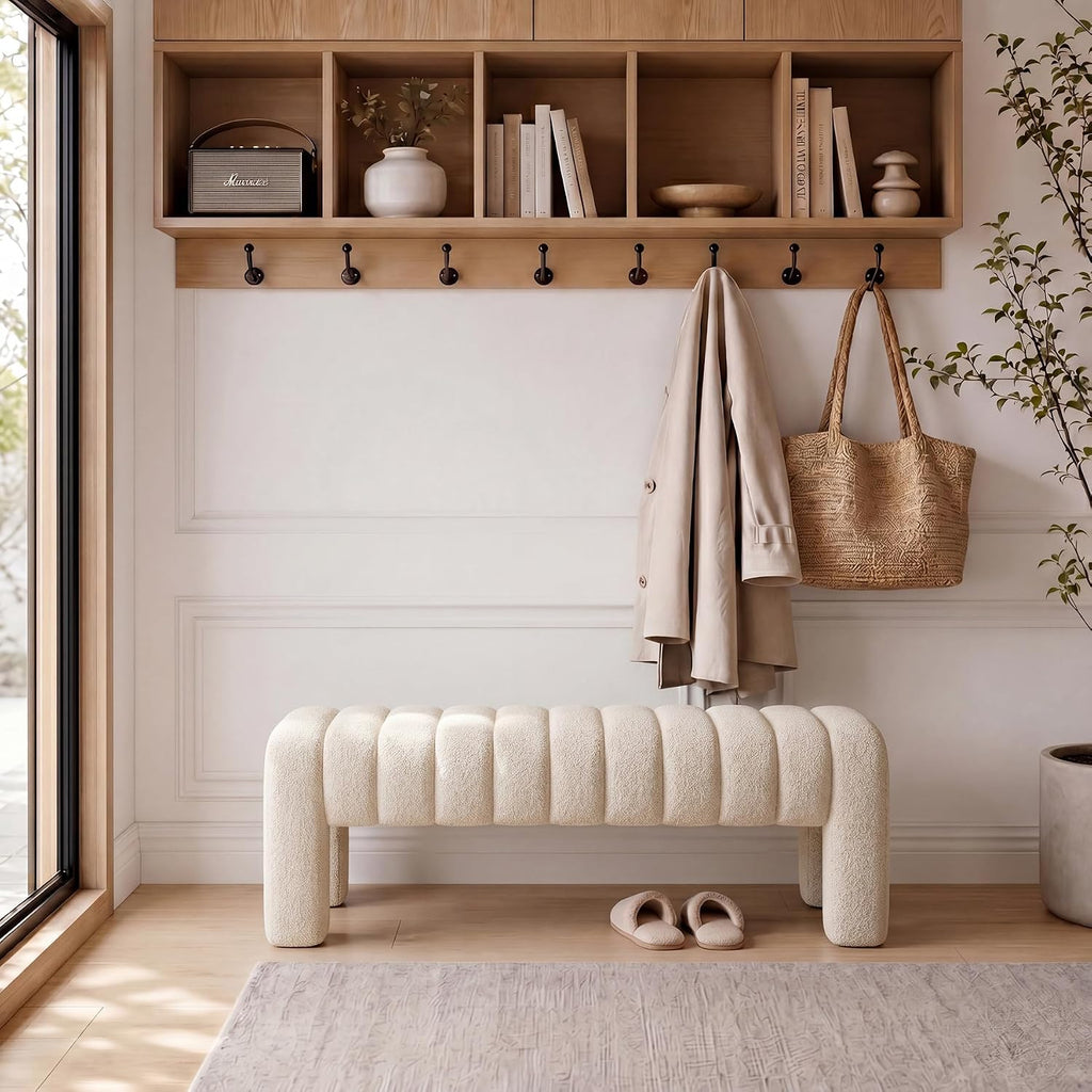 43’’ Bedroom Bench, Upholstered End of Bed Bench with Solid Wood Legs, Modern Small Dining Bench with Full Covered Fabrics for Entryway, Bedroom, Living Room (Beige, Linen)