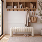 43’’ Bedroom Bench, Upholstered End of Bed Bench with Solid Wood Legs, Modern Small Dining Bench with Full Covered Fabrics for Entryway, Bedroom, Living Room (Beige, Linen)
