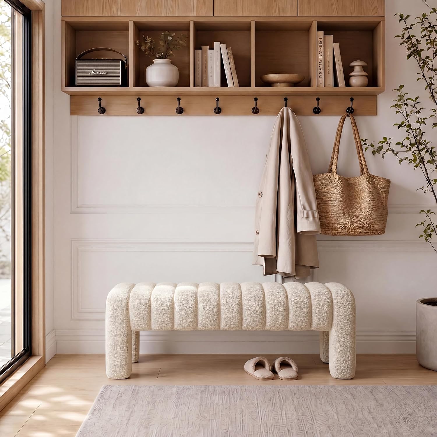 43’’ Bedroom Bench, Upholstered End of Bed Bench with Solid Wood Legs, Modern Small Dining Bench with Full Covered Fabrics for Entryway, Bedroom, Living Room (Beige, Linen)