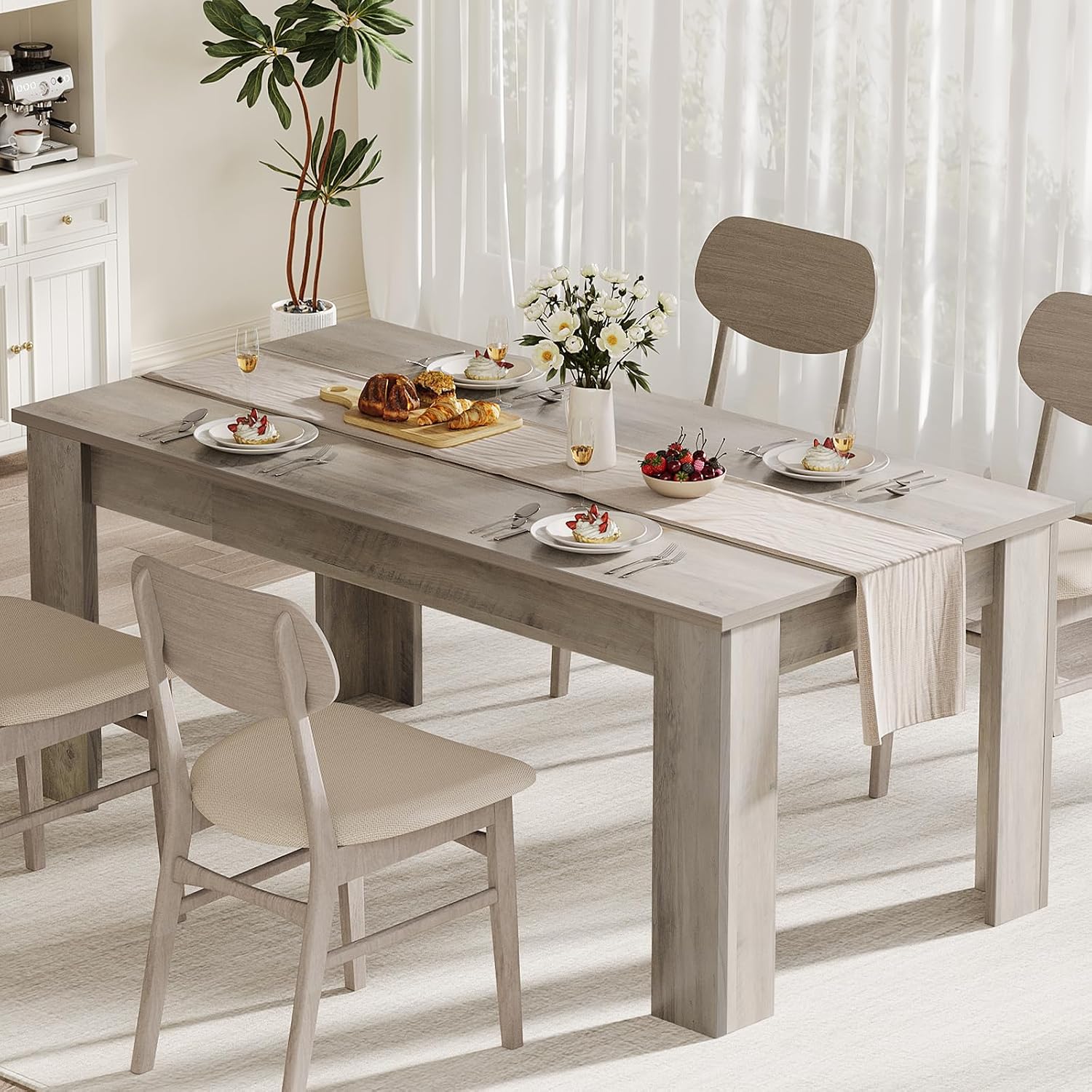 CABIHOME 63" Rectangular Dining Table for 4-6, Farmhouse Large Kitchen Table, Sturdy Frame, 4 Triangular Stable Legs, Thick Tabletop, Ideal for Apartment, Dining Room, Small Space, Retro Gray
