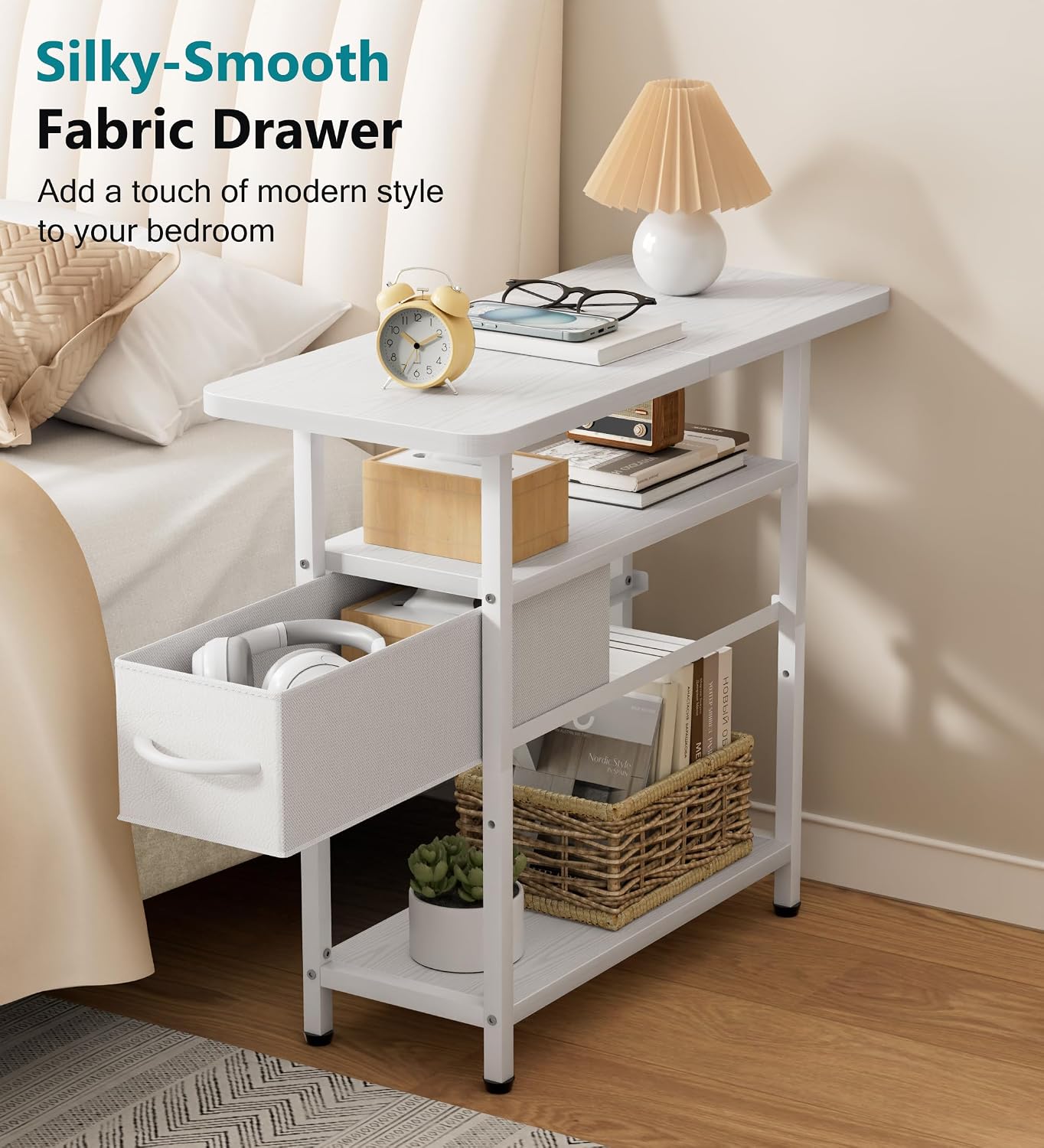 AOODA Narrow Nightstand with Drawers, 3 Tier Skinny Bedside Table for Bedroom, Slim Living Room End Tables with Storage for Small Spaces, Sofa Couch (White)