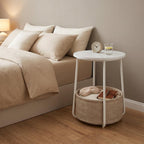 Nordic Minimalist Round Side Table with Reinforced U-Shaped Steel Frame, High-Strength Particleboard Top and Wrinkle-Resistant Double-Layer Polyester Fabric Storage Basket