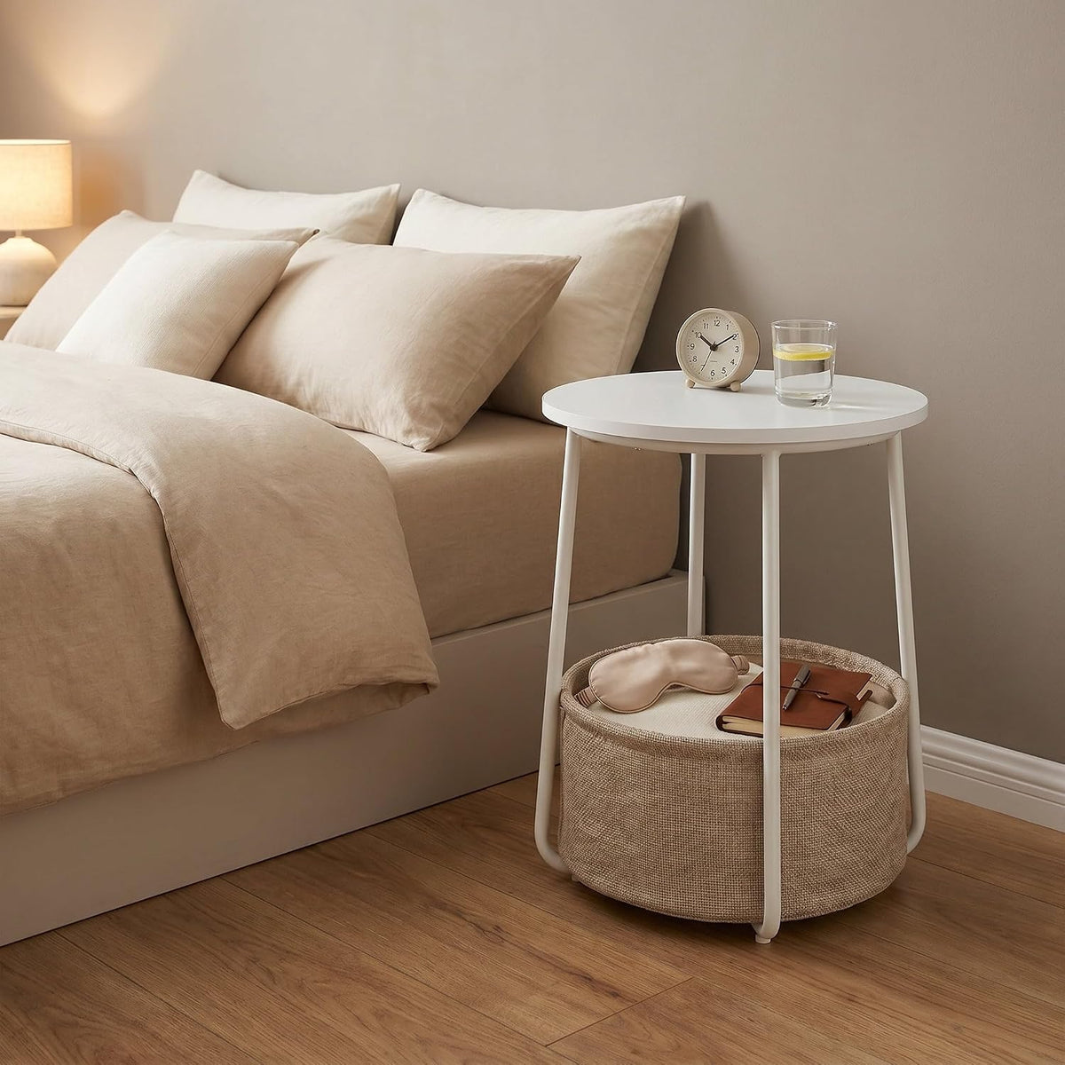 Nordic Minimalist Round Side Table with Reinforced U-Shaped Steel Frame, High-Strength Particleboard Top and Wrinkle-Resistant Double-Layer Polyester Fabric Storage Basket