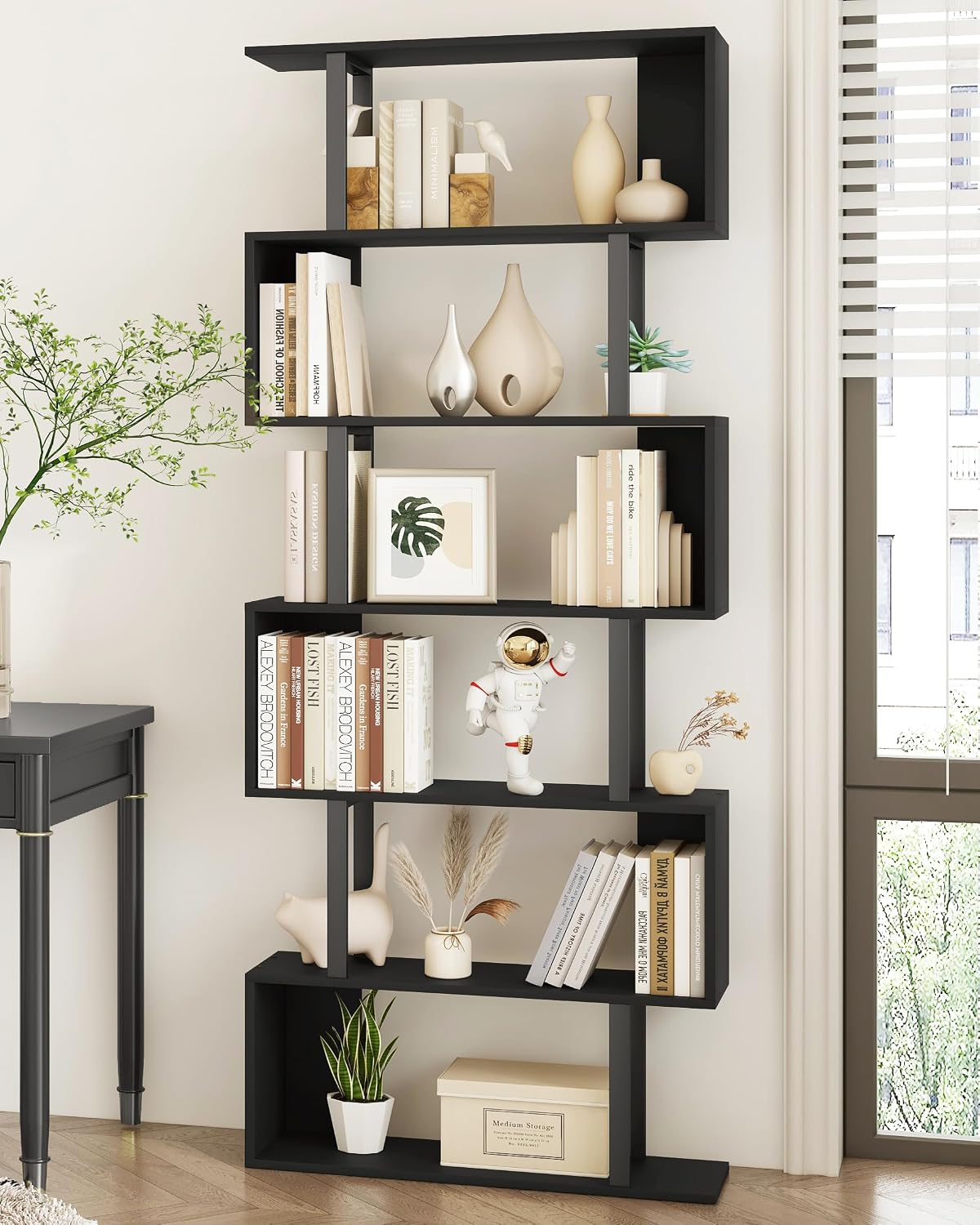 Yusong Geometric Bookcase, S Shaped Bookshelf 6-Tier Book Shelves for Bedroom, Modern Wood Decorative Display Shelf Tall Book Case for Home Office, Black and White