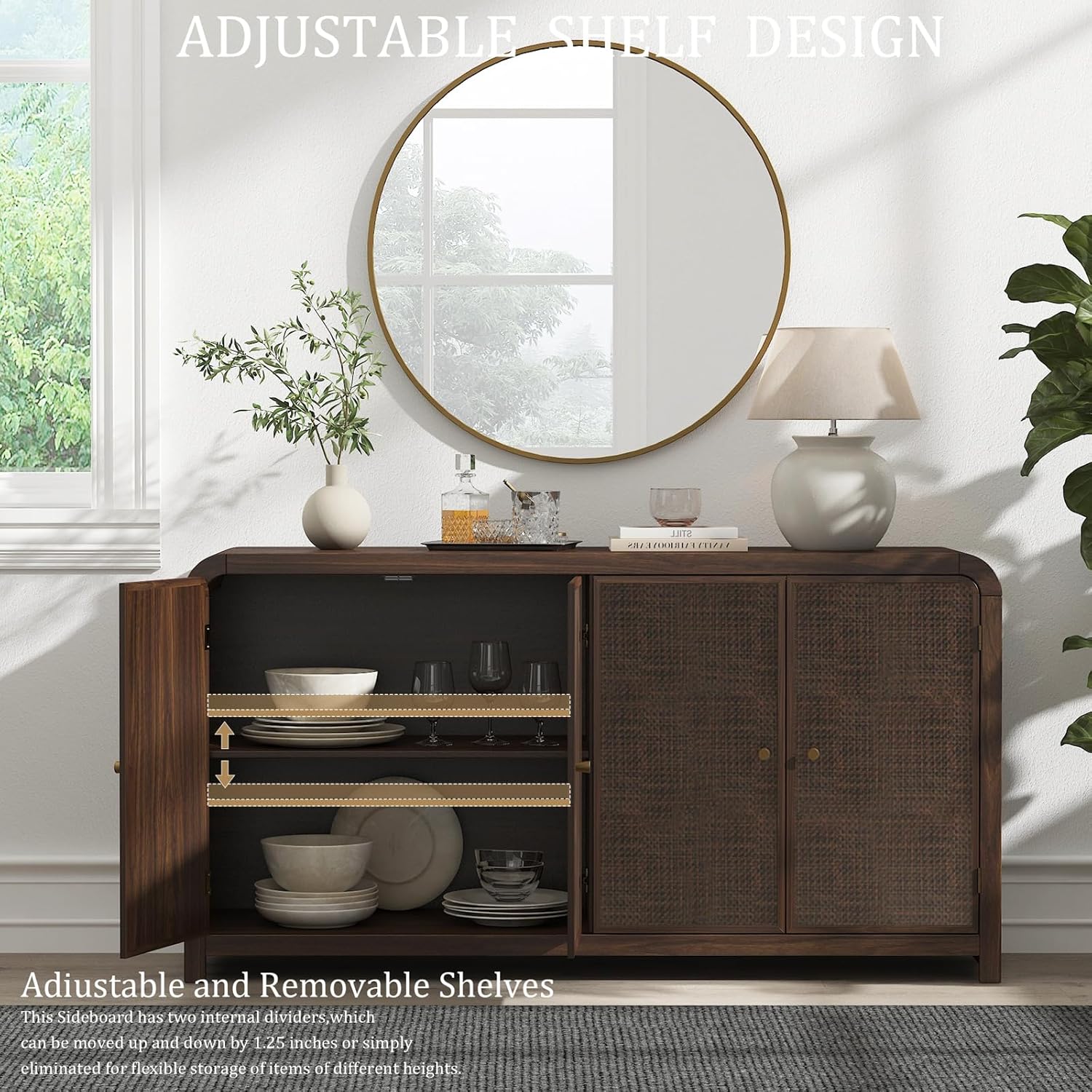 Oak&Sparrow Oak Sideboard Buffet Cabinet with Storage, 60'' Boho Buffets & Sideboards with Adjustable Shelves, Rattan Sideboard Cabinet with 4 Doors for Living Room, Hallway & Kitchen