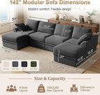 142" Upgraded Couch with Storage, Modular Sectional Couches for Living Room, Oversized Deep Seat 6-Seat U Shaped Cloud Sofa with Ottoman & Pillows,Corduroy,No Assembly (Gray)