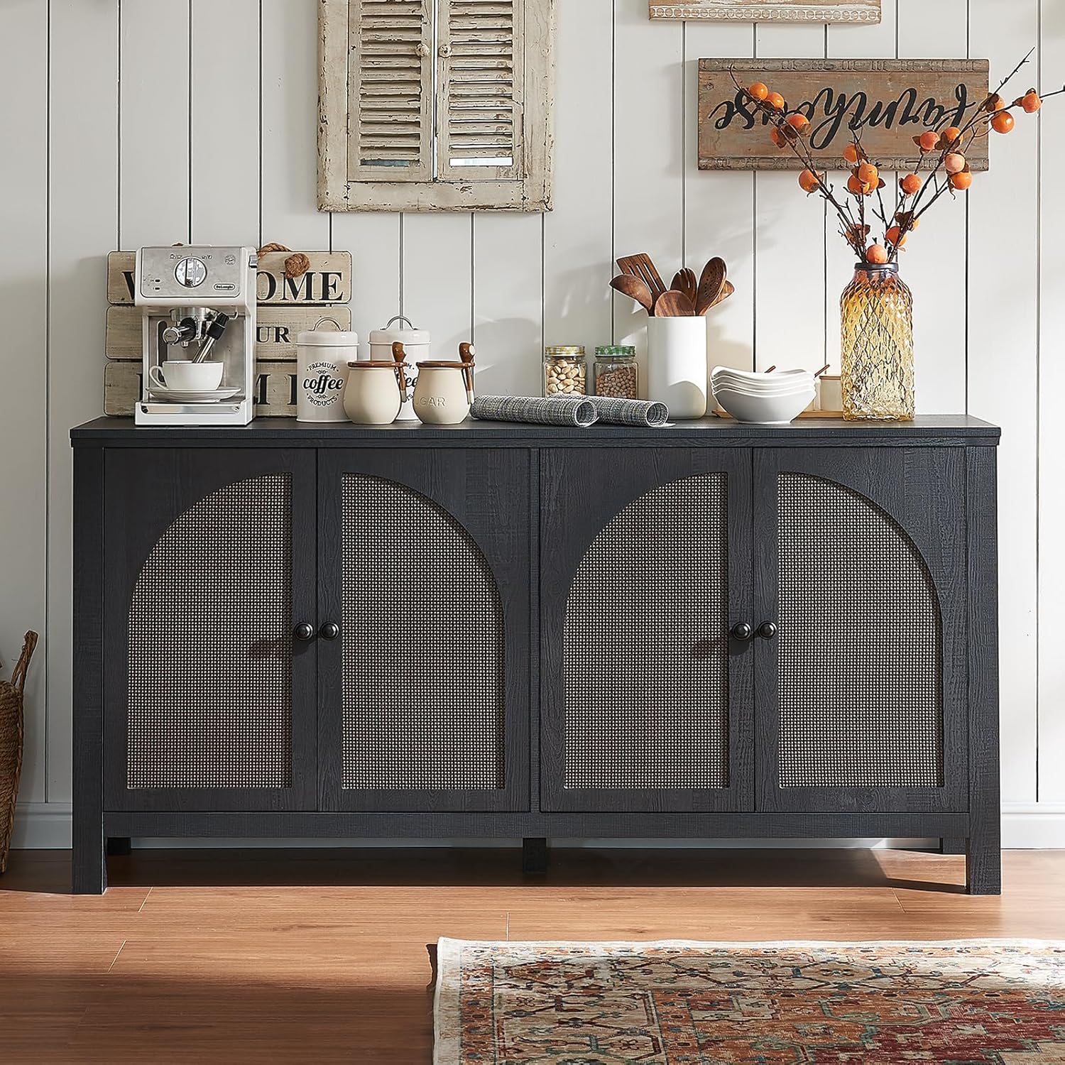Okvnbjk Sideboard Buffet Cabinet with Storage, 60inch Kitchen Buffet Table with Soft Closing Door Hinges, Rattan Coffee Bar Cabinet for Living Room, Dining Room, Black