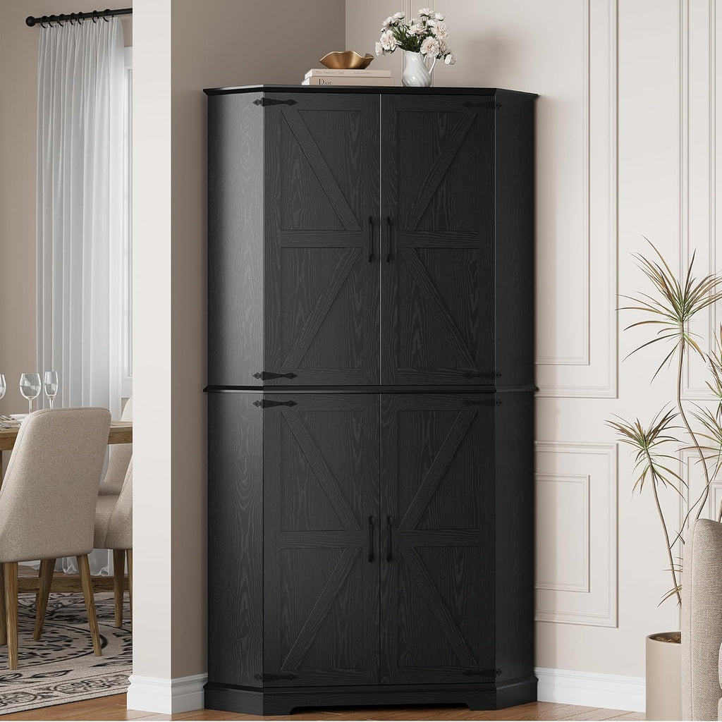IRONCK Corner Cabinet, 72" Kitchen Pantry Cabinet, 6-Tier Freestanding Farmhouse Pantry with 2 Adjustable Shelves, 240°Swivel Doors, 2 Doors Storage, Spacious Hutch for Kitchen, Living Room, Black