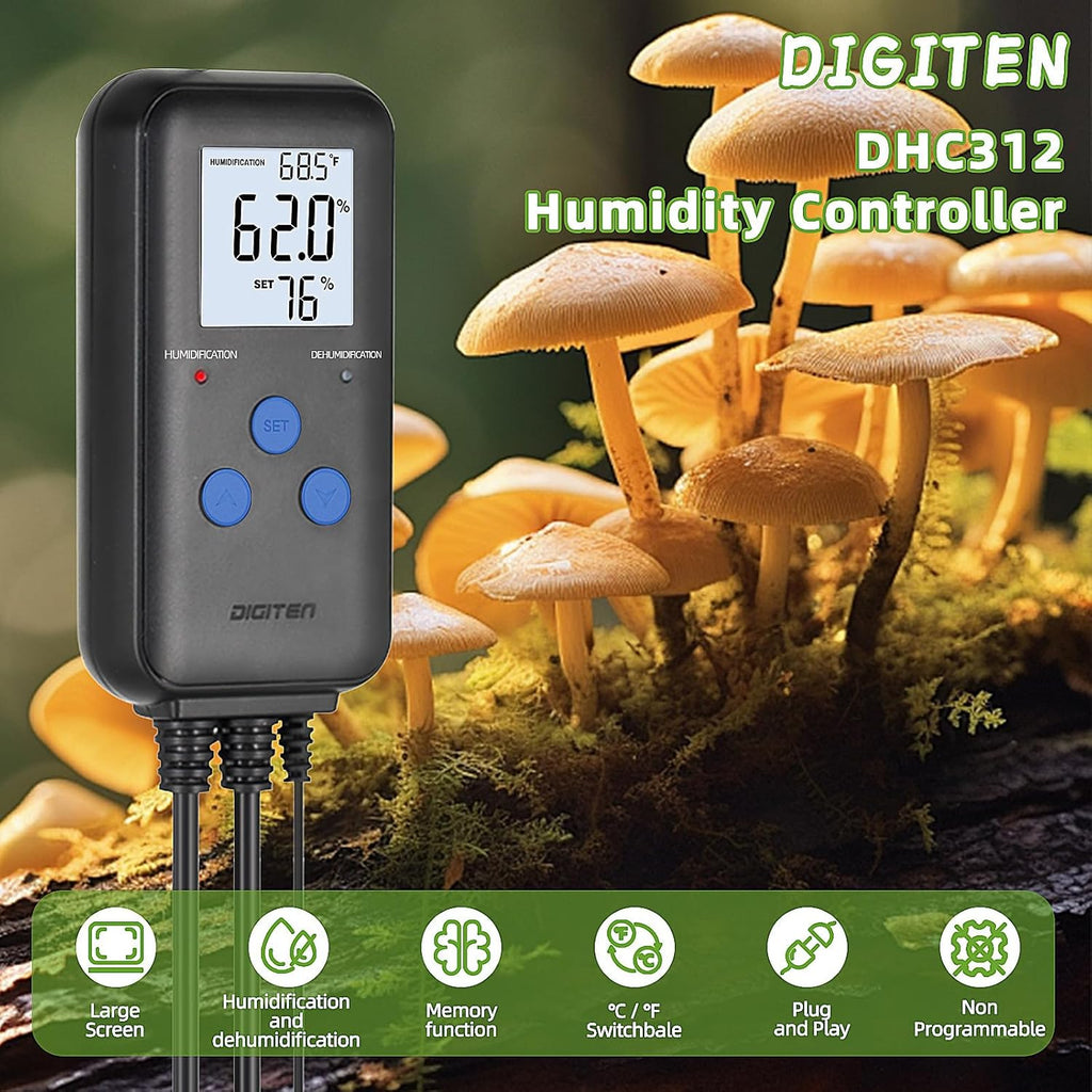 DIGITEN Humidity Controller Pre-Wired Digital Humidistat with Temperature Display, Dual-Stage Outlet Humidifier /Dehumidifier for Mushroom,Reptile, Greenhouse, Fan, Grow Tent