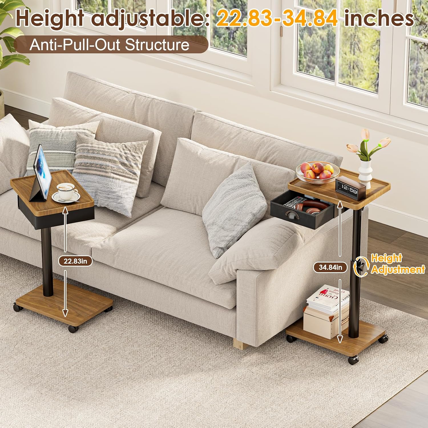Cutogxon TV Tray Table with Wheels & Drawer,Adjustable Height C Shaped End Table for Eating,End Table with Swivel Top for Small Spaces, Sofa Side Table for Bedroom & Living Room（Walnut Brown）